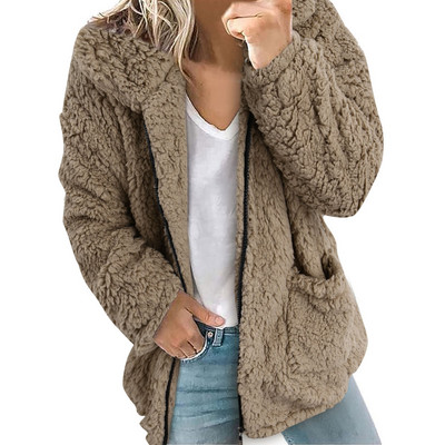 Sieviešu mākslīgās kažokādas jēra vilnas jaka ikdiena ar garām piedurknēm rāvējslēdzēji kokvilnas mēteļi ikdienas mēteļi virsdrēbes vienkrāsaini silti vilnas mēteļi