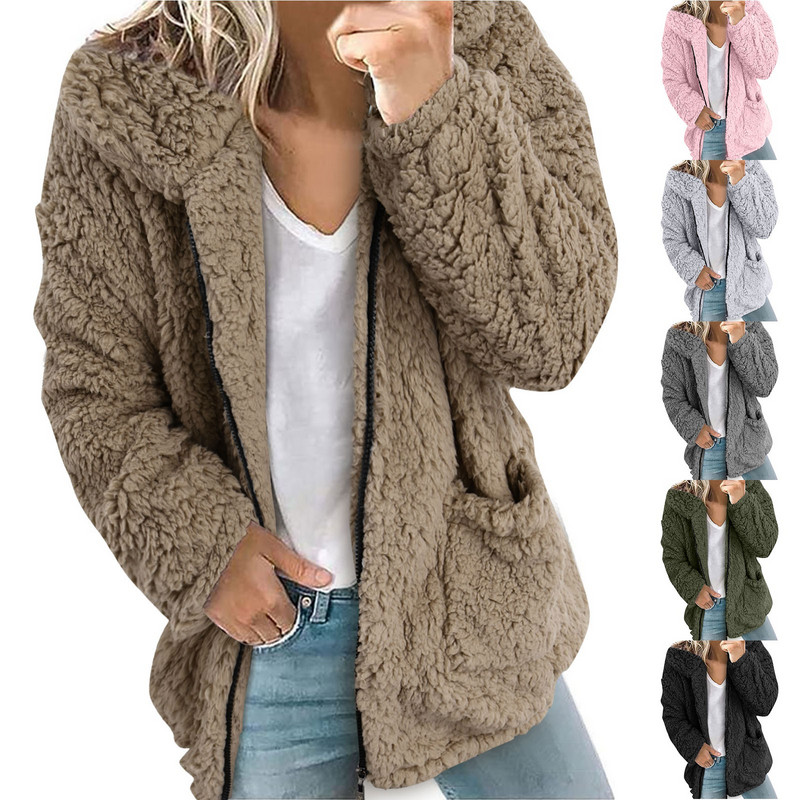 Sieviešu mākslīgās kažokādas jēra vilnas jaka ikdiena ar garām piedurknēm rāvējslēdzēji kokvilnas mēteļi ikdienas mēteļi virsdrēbes vienkrāsaini silti vilnas mēteļi