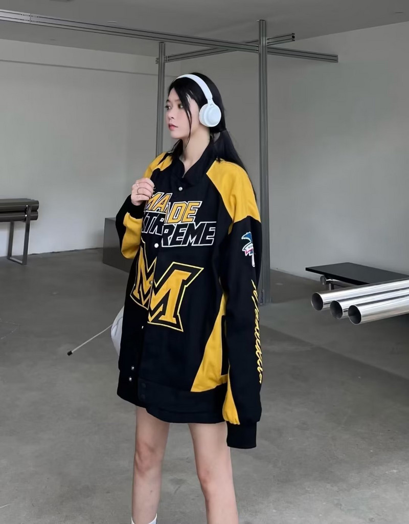 Jachetă de femeie 2023, primăvară, toamnă, imprimeu cu scrisori, stil de stradă, costume de curse vintage, haină lungă supradimensionată pentru femei