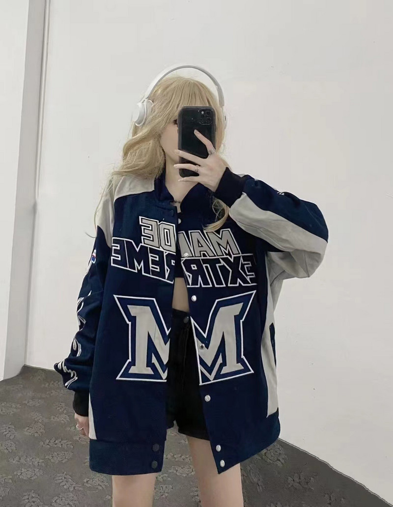 Jachetă de femeie 2023, primăvară, toamnă, imprimeu cu scrisori, stil de stradă, costume de curse vintage, haină lungă supradimensionată pentru femei