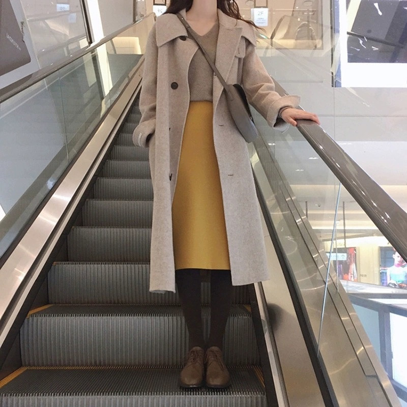 2021, nou stil Harajuku, haină de lână, cu două fețe, cașmir, pulover de lungime medie, iarnă, simplu Qm*