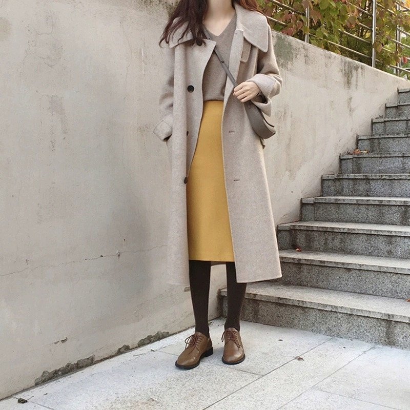 2021, nou stil Harajuku, haină de lână, cu două fețe, cașmir, pulover de lungime medie, iarnă, simplu Qm*