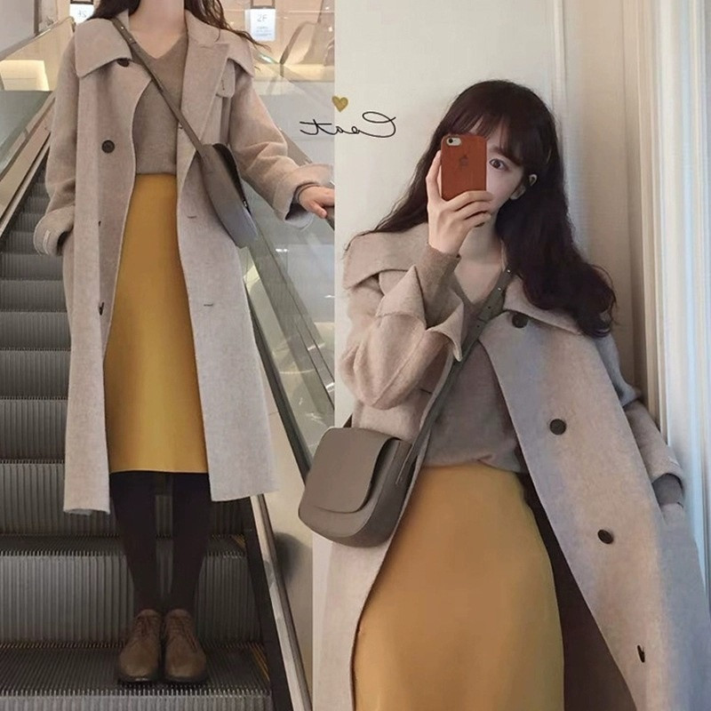 2021, nou stil Harajuku, haină de lână, cu două fețe, cașmir, pulover de lungime medie, iarnă, simplu Qm*