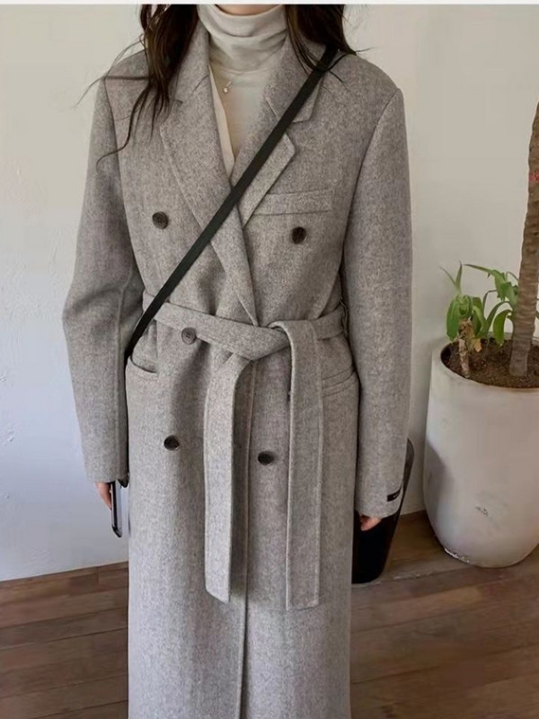 Toamnă iarnă stil nou haină de lână, guler pentru costum de femei, haină gri de lână pentru seniori, centură până la genunchi, haină coreeană din pânză de lână pentru femei
