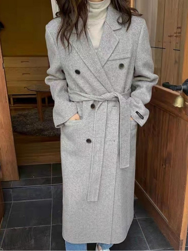 Toamnă iarnă stil nou haină de lână, guler pentru costum de femei, haină gri de lână pentru seniori, centură până la genunchi, haină coreeană din pânză de lână pentru femei