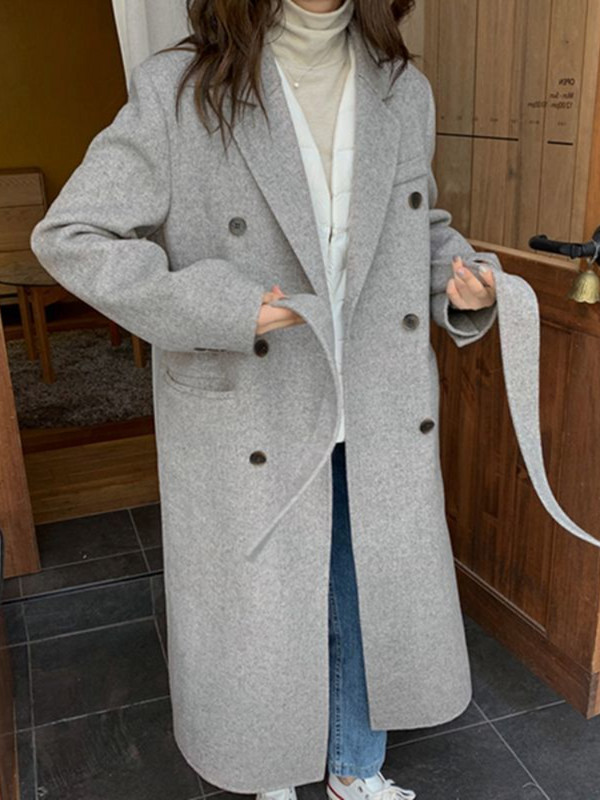 Toamnă iarnă stil nou haină de lână, guler pentru costum de femei, haină gri de lână pentru seniori, centură până la genunchi, haină coreeană din pânză de lână pentru femei
