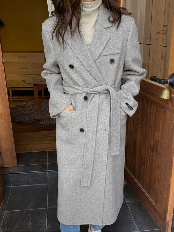 Toamnă iarnă stil nou haină de lână, guler pentru costum de femei, haină gri de lână pentru seniori, centură până la genunchi, haină coreeană din pânză de lână pentru femei