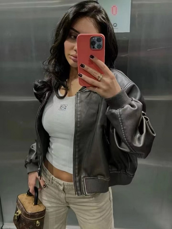 Jachetă de piele pentru femei, piele PU, îmbrăcăminte de stradă, jachetă de motocicletă, cu fermoar, guler cu fermoar, îmbrăcăminte exterioară scurtă, haină largi, ocazional