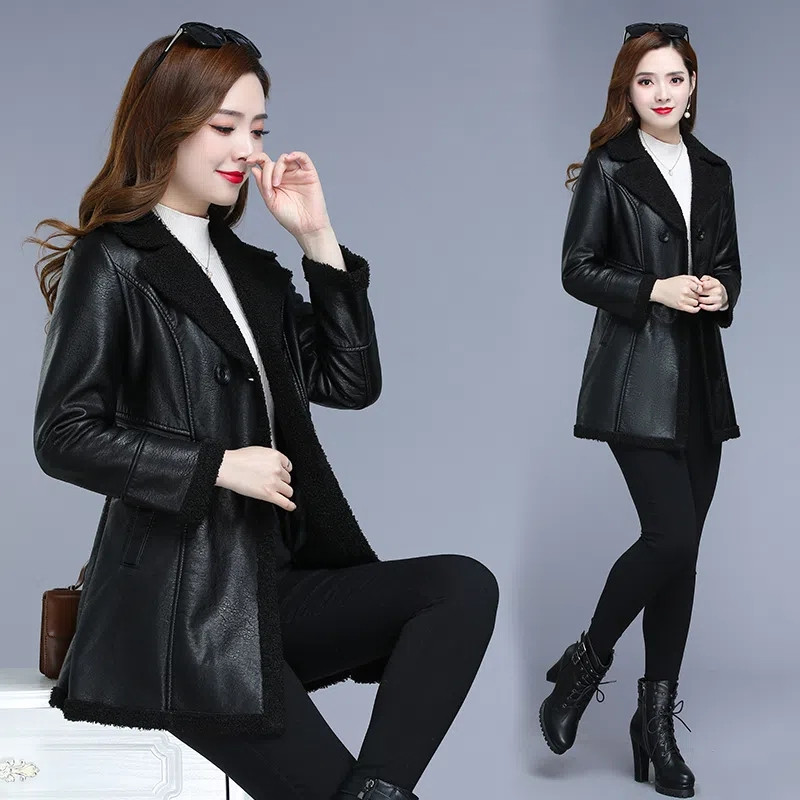 XL-6XL Ženska kožna jakna Jesen Zima Srednje duga motociklistička vjetrovka od umjetne kože Zimski debeli kaput od baršuna