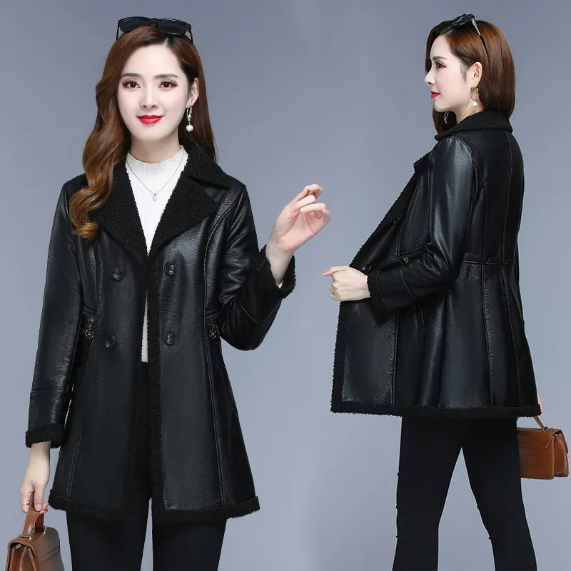 XL-6XL Ženska kožna jakna Jesen Zima Srednje duga motociklistička vjetrovka od umjetne kože Zimski debeli kaput od baršuna