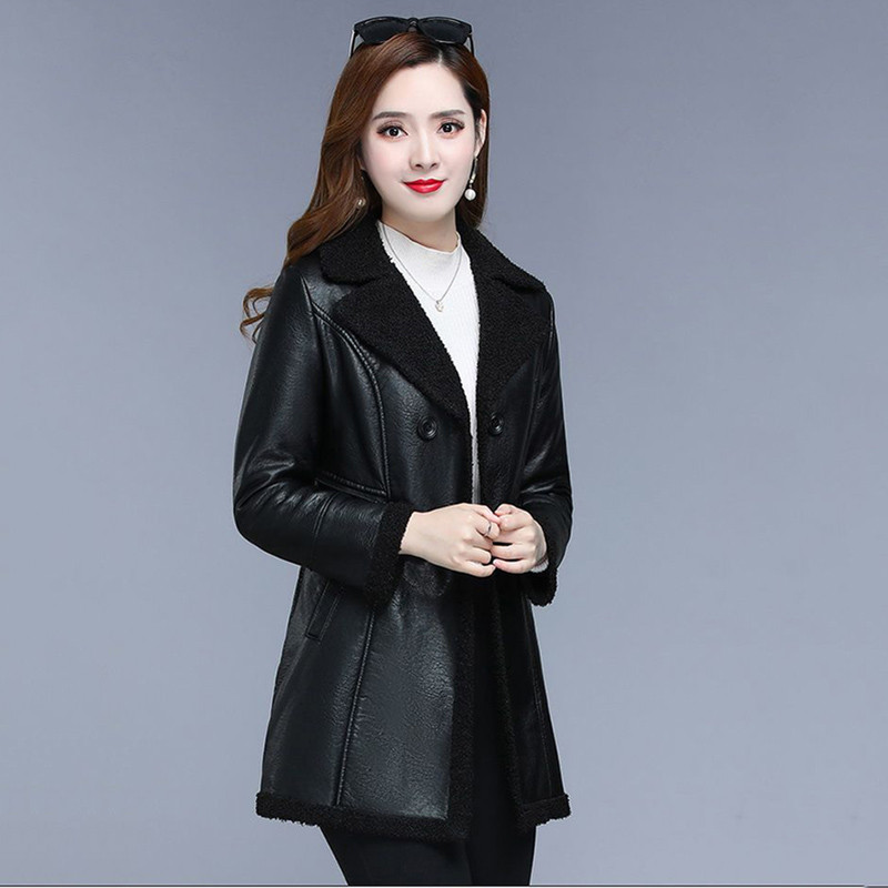 XL-6XL Ženska kožna jakna Jesen Zima Srednje duga motociklistička vjetrovka od umjetne kože Zimski debeli kaput od baršuna