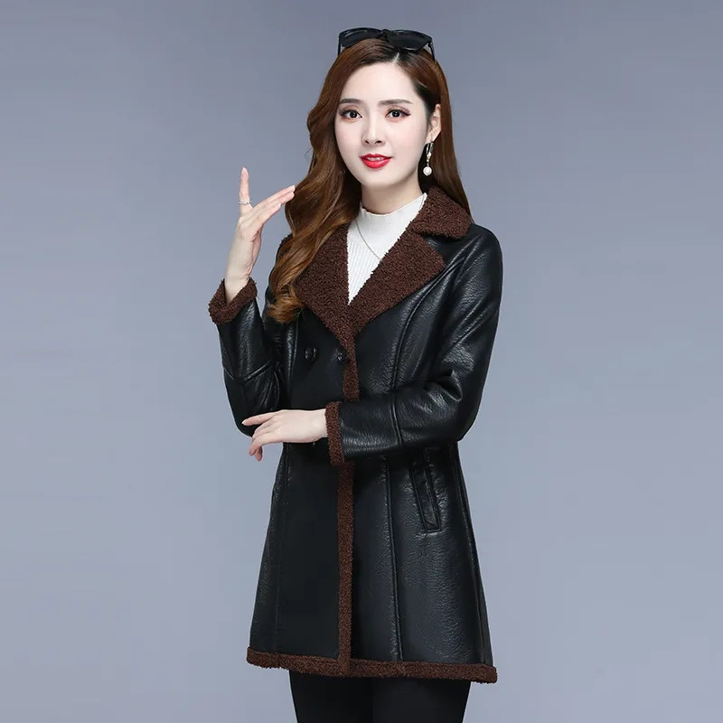 XL-6XL Ženska kožna jakna Jesen Zima Srednje duga motociklistička vjetrovka od umjetne kože Zimski debeli kaput od baršuna