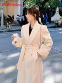 2023, toamnă și iarnă, haină nouă pentru femei, design cu închidere în talie, senzație peste genunchi, temperament de calitate înaltă, haină de lână, lungă, medie