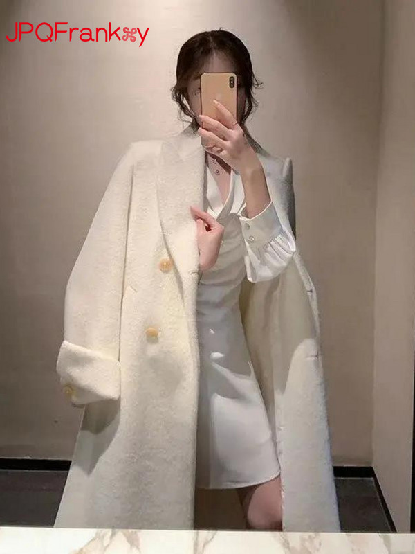 2023, toamnă și iarnă, haină nouă pentru femei, design cu închidere în talie, senzație peste genunchi, temperament de calitate înaltă, haină de lână, lungă, medie