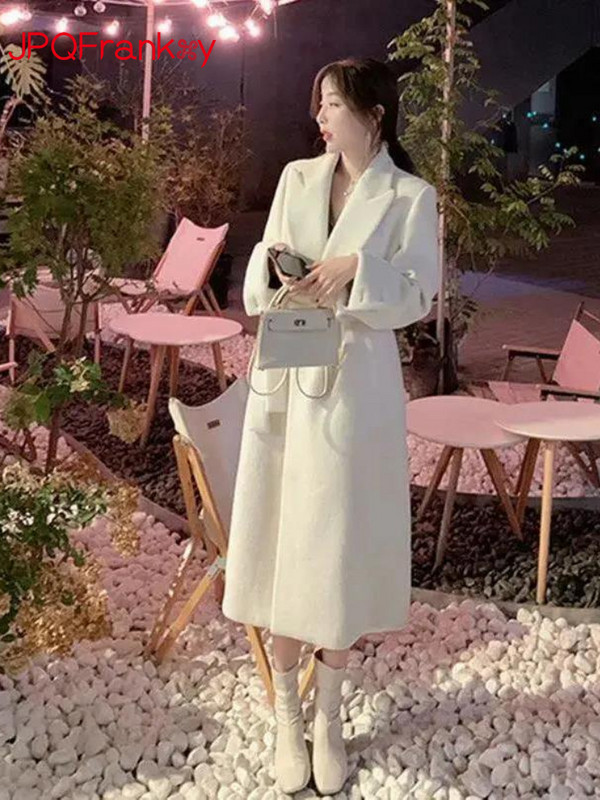 2023, toamnă și iarnă, haină nouă pentru femei, design cu închidere în talie, senzație peste genunchi, temperament de calitate înaltă, haină de lână, lungă, medie