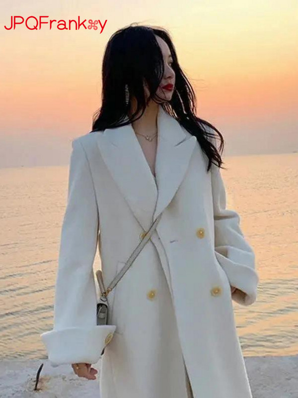 2023, toamnă și iarnă, haină nouă pentru femei, design cu închidere în talie, senzație peste genunchi, temperament de calitate înaltă, haină de lână, lungă, medie