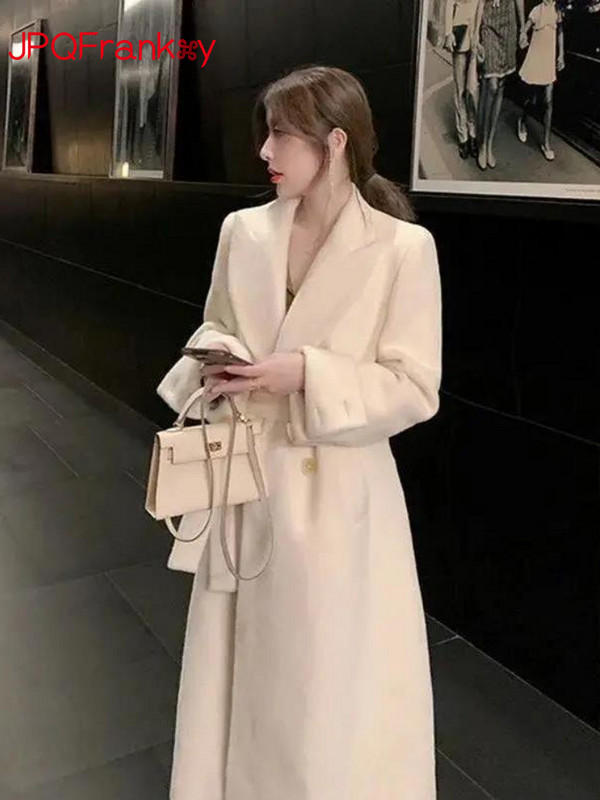 2023, toamnă și iarnă, haină nouă pentru femei, design cu închidere în talie, senzație peste genunchi, temperament de calitate înaltă, haină de lână, lungă, medie