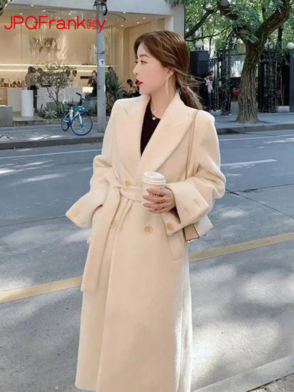 2023, toamnă și iarnă, haină nouă pentru femei, design cu închidere în talie, senzație peste genunchi, temperament de calitate înaltă, haină de lână, lungă, medie