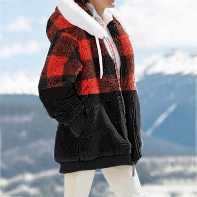 Jachetă cu buzunare laterală cu glugă, cu mânecă lungă, cu fermoar, cu imprimeu pentru femei