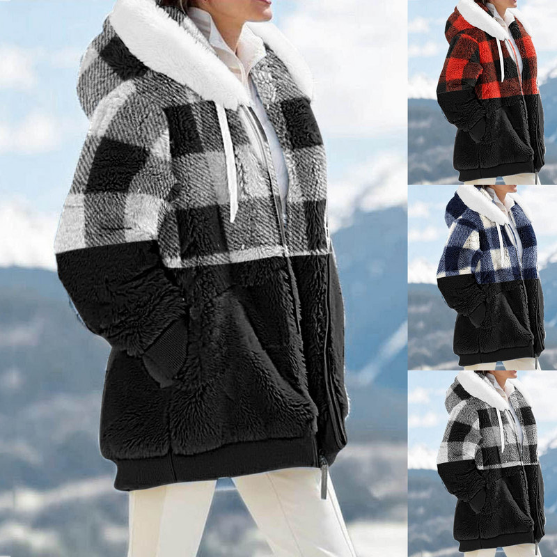 Jachetă cu buzunare laterală cu glugă, cu mânecă lungă, cu fermoar, cu imprimeu pentru femei