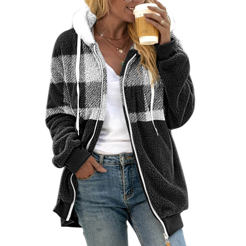 Jachetă cu buzunare laterală cu glugă, cu mânecă lungă, cu fermoar, cu imprimeu pentru femei