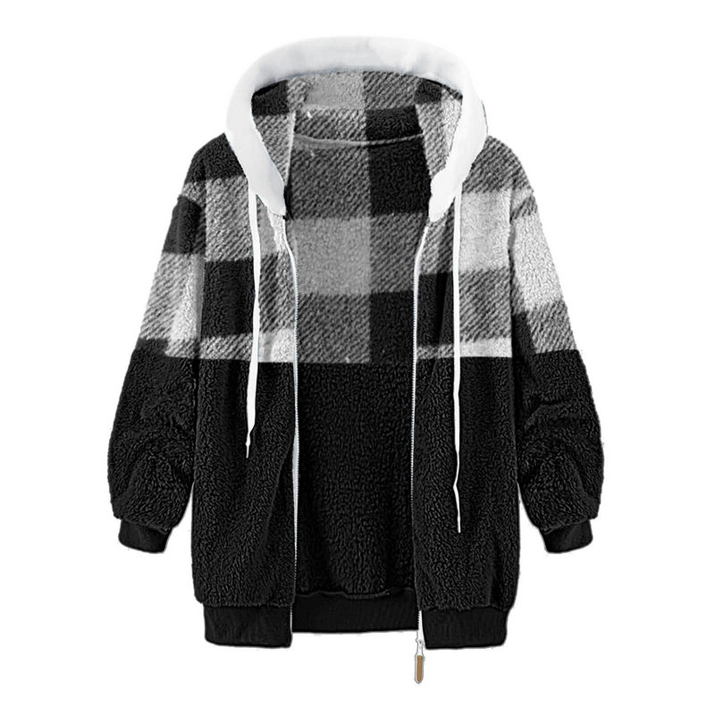 Jachetă cu buzunare laterală cu glugă, cu mânecă lungă, cu fermoar, cu imprimeu pentru femei