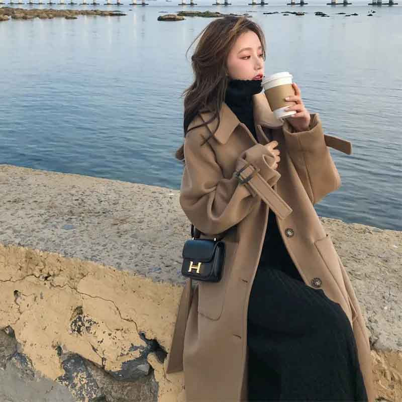 Jachetă lungă de lână artificială de modă pentru femei, elegantă, stil Hepburn, cu două piepte, haină solidă, groasă, caldă, largi, toate se potrivesc.