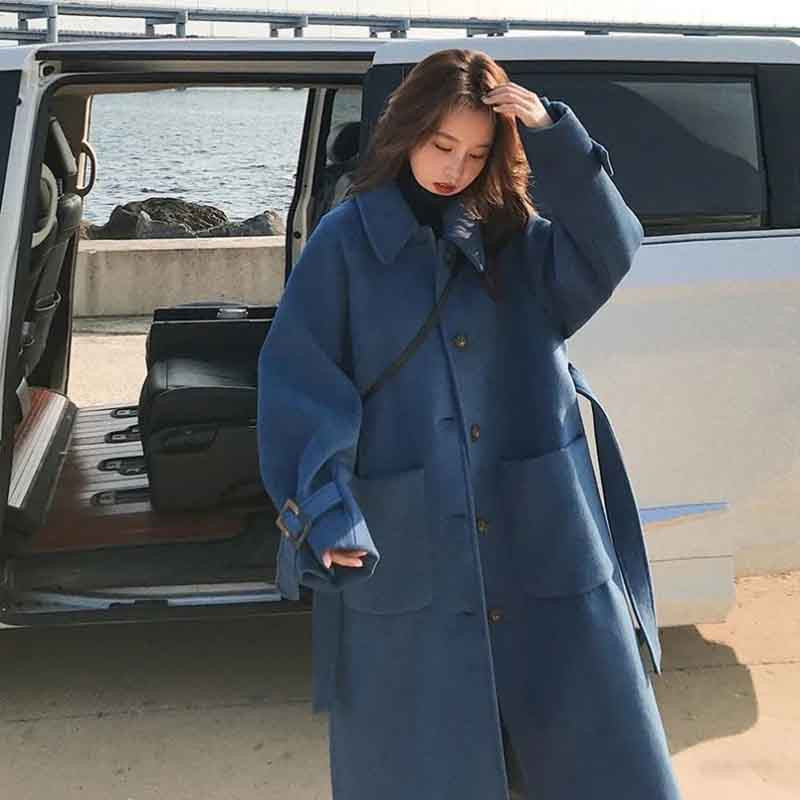 Jachetă lungă de lână artificială de modă pentru femei, elegantă, stil Hepburn, cu două piepte, haină solidă, groasă, caldă, largi, toate se potrivesc.