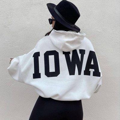 Hanorac imprimat cu numere Y2K cu litere Topuri, ocazional, cu mânecă lungă, pentru femei, pulover largi, hanorac cu glugă, toamnă, iarnă, pentru petrecerea timpului liber