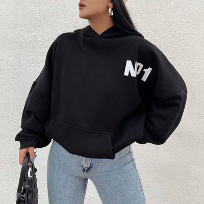 Hanorac imprimat cu numere Y2K cu litere Topuri, ocazional, cu mânecă lungă, pentru femei, pulover largi, hanorac cu glugă, toamnă, iarnă, pentru petrecerea timpului liber