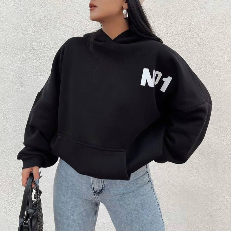 Hanorac imprimat cu numere Y2K cu litere Topuri, ocazional, cu mânecă lungă, pentru femei, pulover largi, hanorac cu glugă, toamnă, iarnă, pentru petrecerea timpului liber