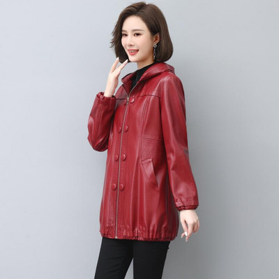 Modes liela izmēra 3XL 4XL sieviešu ādas jaka garš mētelis sieviešu 2023. gada pavasaris un rudens Sieviešu apģērbi Virsdrēbes ar kapuci Jauns