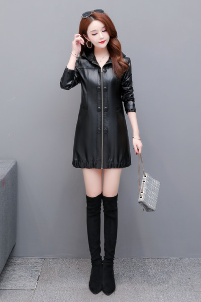Modes liela izmēra 3XL 4XL sieviešu ādas jaka garš mētelis sieviešu 2023. gada pavasaris un rudens Sieviešu apģērbi Virsdrēbes ar kapuci Jauns