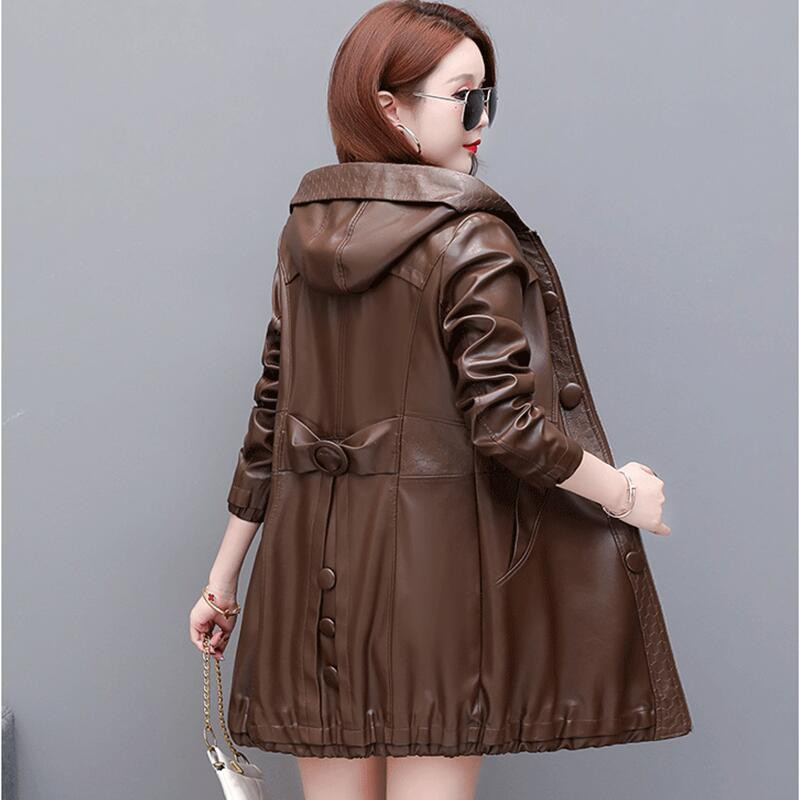 Modes liela izmēra 3XL 4XL sieviešu ādas jaka garš mētelis sieviešu 2023. gada pavasaris un rudens Sieviešu apģērbi Virsdrēbes ar kapuci Jauns