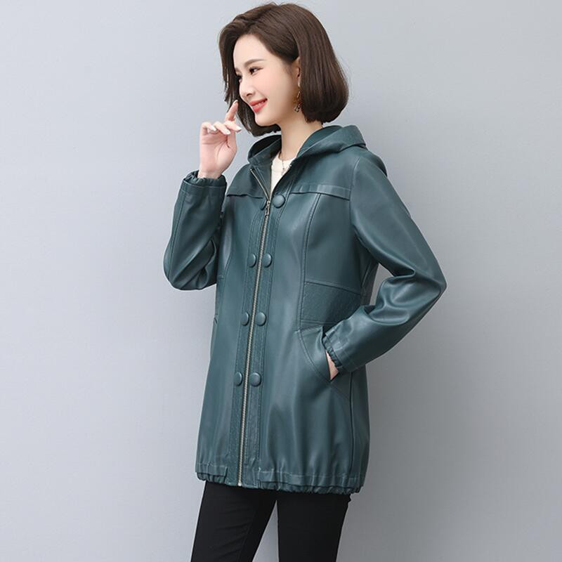 Modes liela izmēra 3XL 4XL sieviešu ādas jaka garš mētelis sieviešu 2023. gada pavasaris un rudens Sieviešu apģērbi Virsdrēbes ar kapuci Jauns