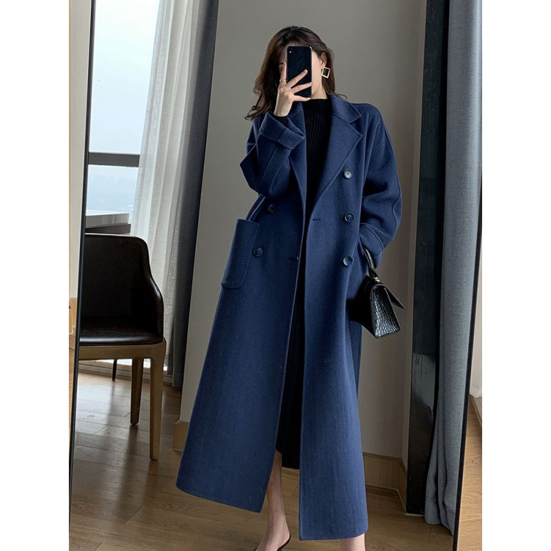 Jmprs Zimski vuneni dugi kaput Ležerna ženska jakna s dvostrukim kopčanjem od umjetne vune Jesenska moda Korejska ženska crna odjeća Novo