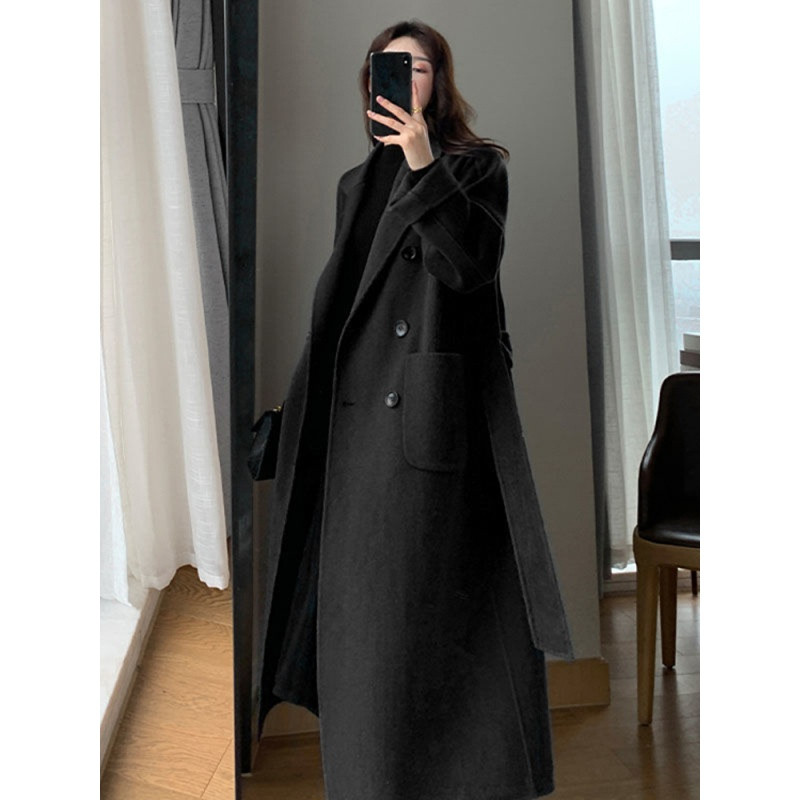 Jmprs Zimski vuneni dugi kaput Ležerna ženska jakna s dvostrukim kopčanjem od umjetne vune Jesenska moda Korejska ženska crna odjeća Novo