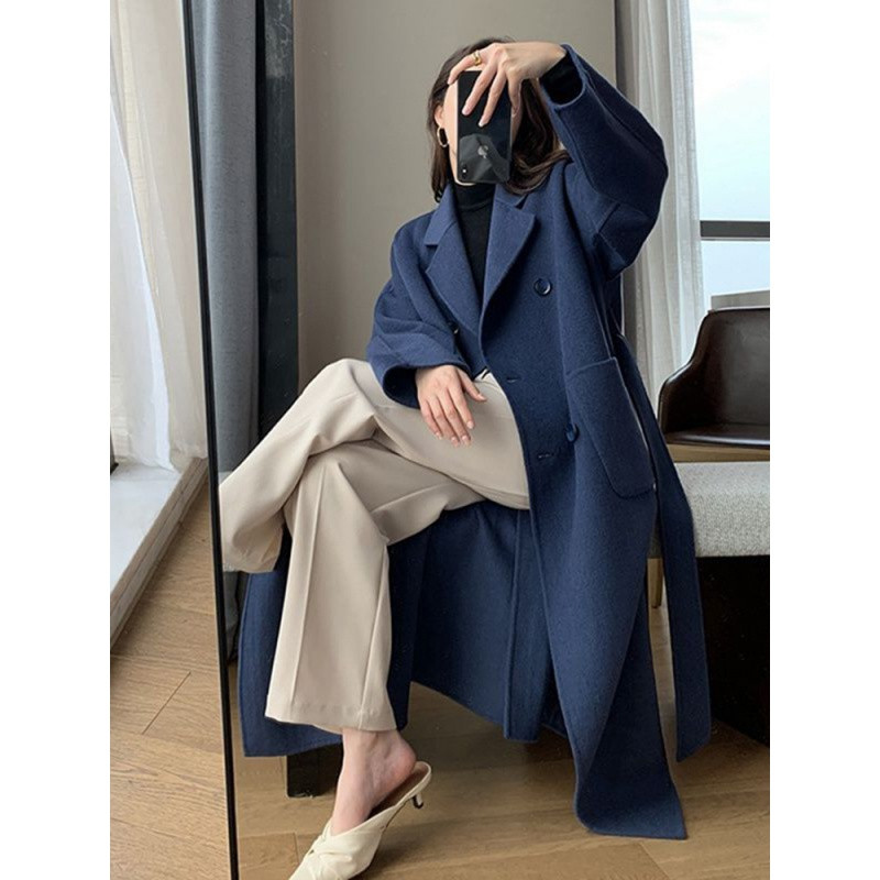 Jmprs Zimski vuneni dugi kaput Ležerna ženska jakna s dvostrukim kopčanjem od umjetne vune Jesenska moda Korejska ženska crna odjeća Novo