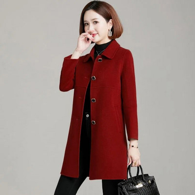 Vuneni kaput Ženska jesen i zima 2023. Nova modna široka ženska jakna Crna srednja i duga ženska gornja odjeća Debela