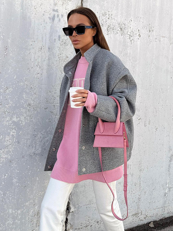 High Street Chic, gri, cu nasturi, jachete cu guler de birou, toamnă, ocazional, cu mânecă lungă, topuri largi, femei 2023