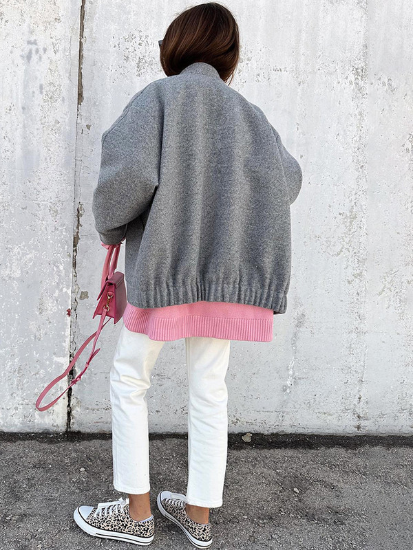 High Street Chic, gri, cu nasturi, jachete cu guler de birou, toamnă, ocazional, cu mânecă lungă, topuri largi, femei 2023