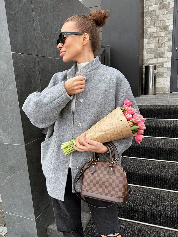 High Street Chic, gri, cu nasturi, jachete cu guler de birou, toamnă, ocazional, cu mânecă lungă, topuri largi, femei 2023