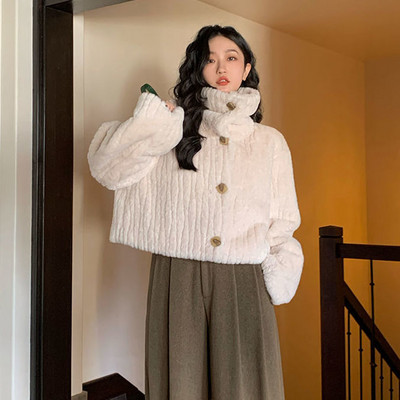 Nouă haină retro îngroșată, scurtă, de toamnă și iarnă, cu guler în picioare, temperament, jachetă caldă din lână de miel pentru femei