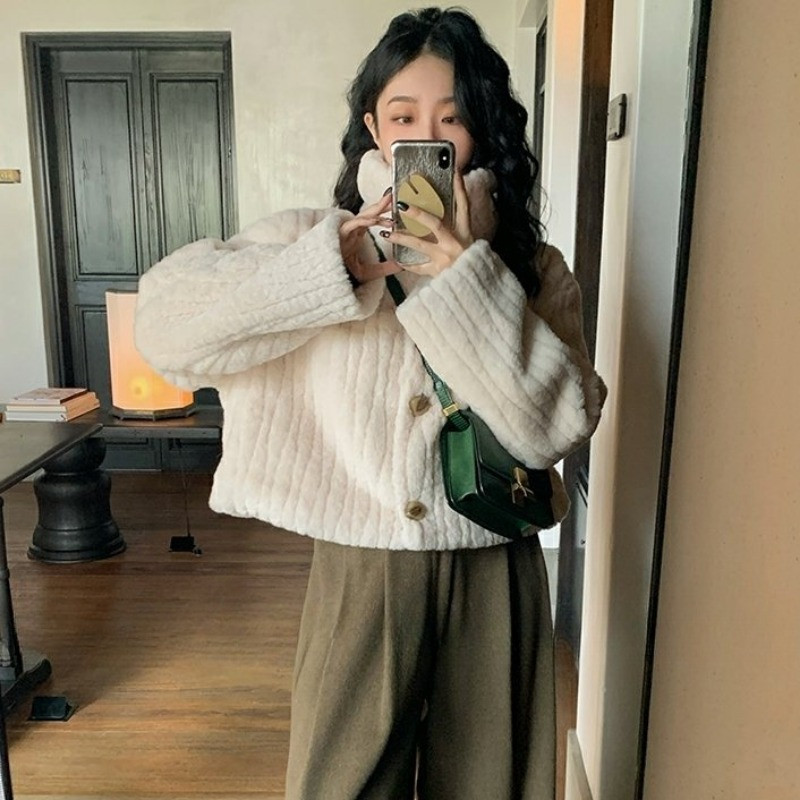 Nouă haină retro îngroșată, scurtă, de toamnă și iarnă, cu guler în picioare, temperament, jachetă caldă din lână de miel pentru femei