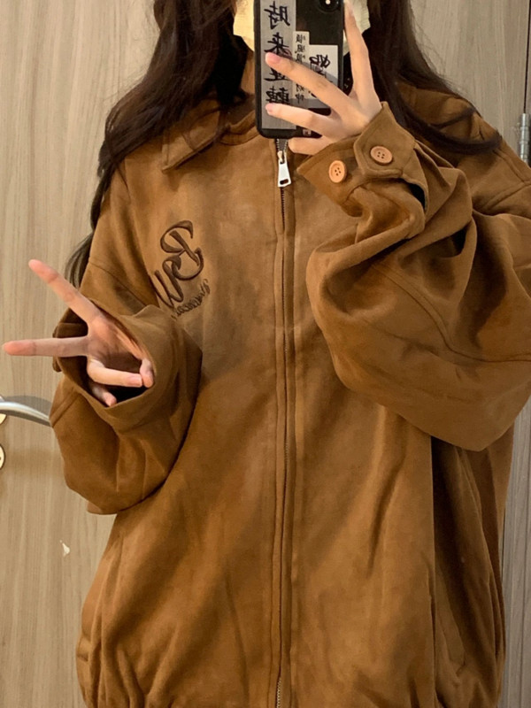 Jachetă bomber din piele intoarsa Y2k, pentru femei, cu broderie cu litere, cu fermoar coreean, Harajuku, paltoane largi de baseball, jachetă casual vintage, jachetă