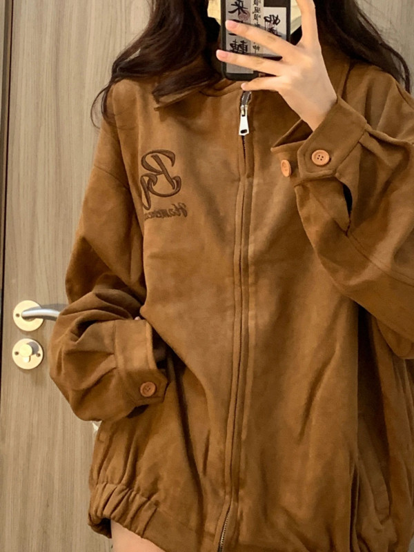 Jachetă bomber din piele intoarsa Y2k, pentru femei, cu broderie cu litere, cu fermoar coreean, Harajuku, paltoane largi de baseball, jachetă casual vintage, jachetă