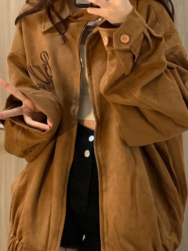 Jachetă bomber din piele intoarsa Y2k, pentru femei, cu broderie cu litere, cu fermoar coreean, Harajuku, paltoane largi de baseball, jachetă casual vintage, jachetă