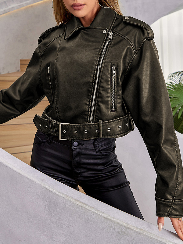 Ailegogo Vintage sieviešu brīvi garām piedurknēm Pu mākslīgās ādas īsa jaka ar jostu Streetwear Sieviešu retro moto motociklistu mētelis