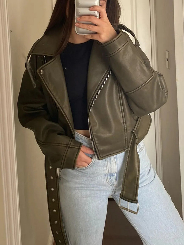 Ailegogo Vintage sieviešu brīvi garām piedurknēm Pu mākslīgās ādas īsa jaka ar jostu Streetwear Sieviešu retro moto motociklistu mētelis