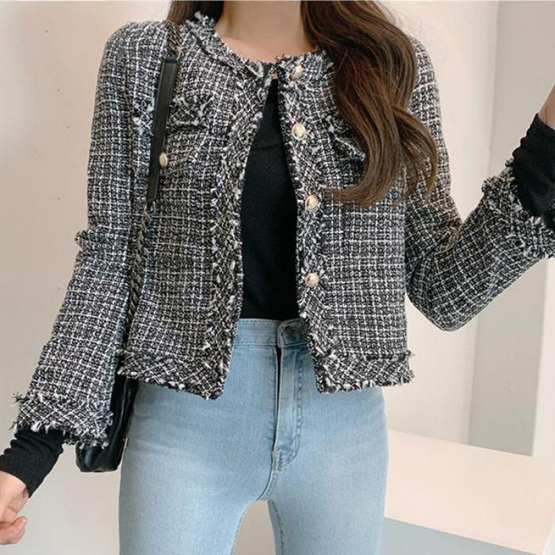 Coreeană Nouă Primăvară Toamnă Îmbrăcăminte pentru Femei Moda Tweed În carouri cu mânecă lungă Paltoane și jachete largi Cardigan versatil pentru damă